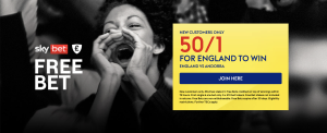 Sky Bet New Customer Offer: Get 50/1 for England to Beat Andorra
