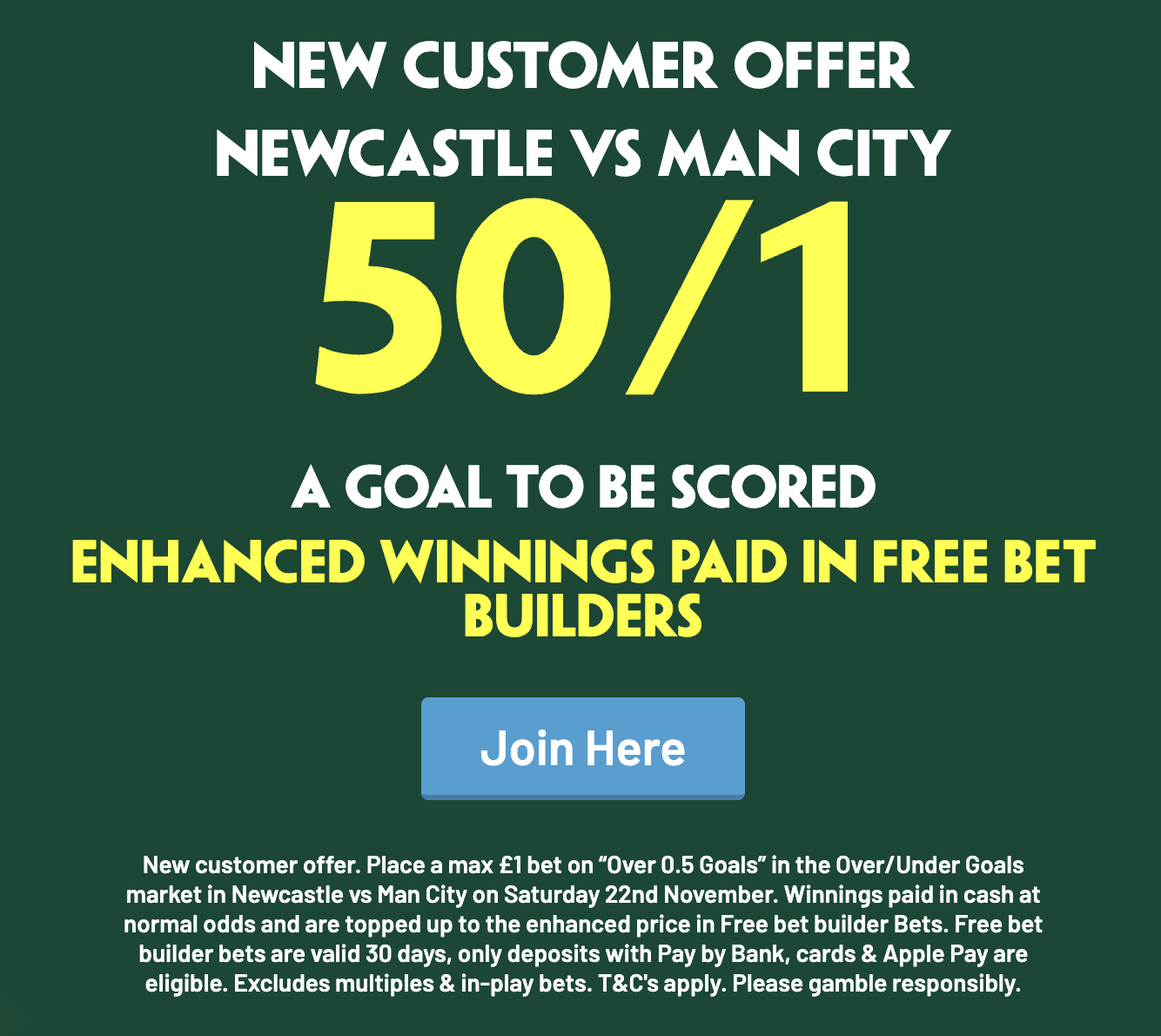 Newcastle v Man City 50/1 a goal to be scored