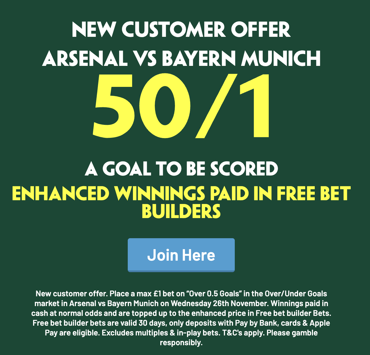 Paddy Power: Arsenal v Bayern Munich 50/1 a goal to be scored