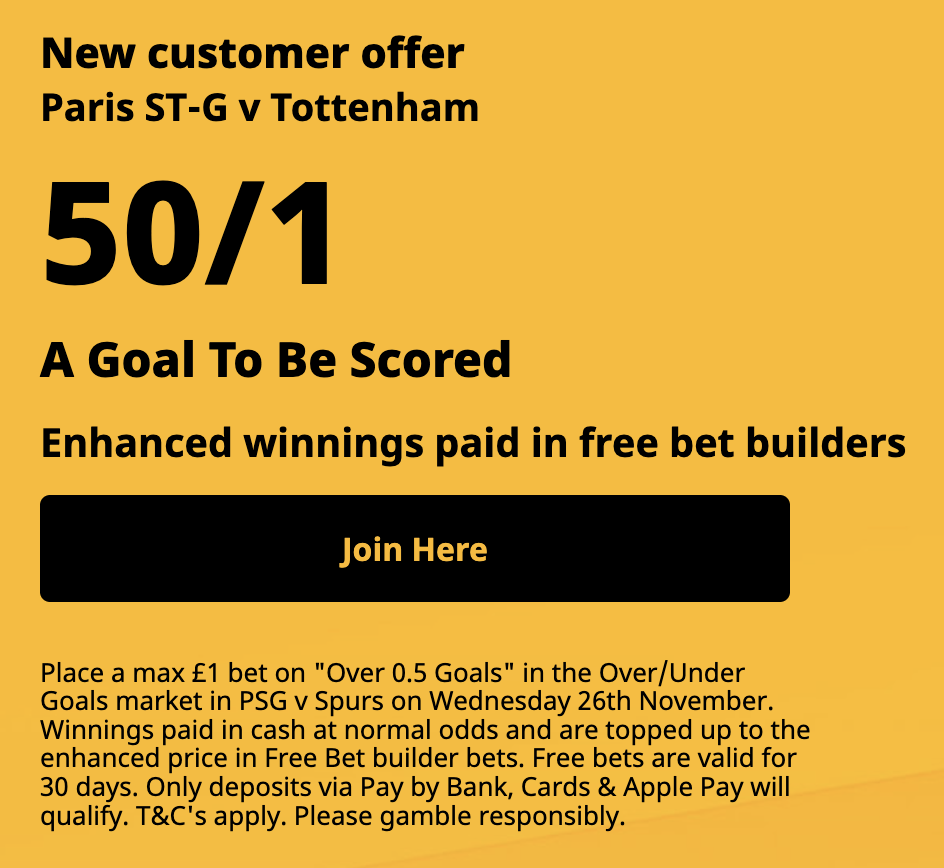 Betfair: PSG v Spurs 50/1 a Goal to be scored