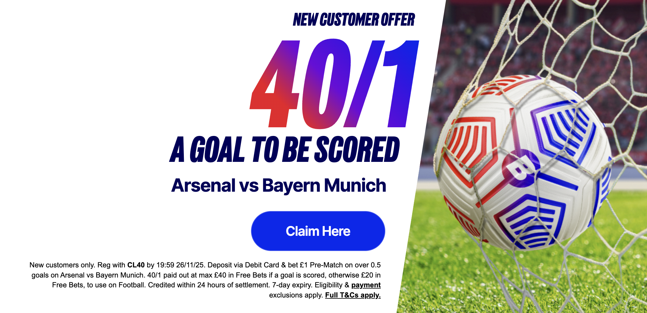 Betfred: Arsenal vs Bayern Munich 40/1 a goal to be scored