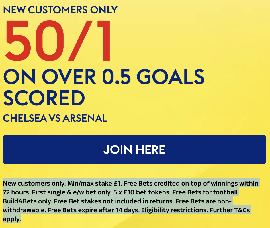 SkyBet: Chelsea v Arsenal 50/1 a Goal to be scored