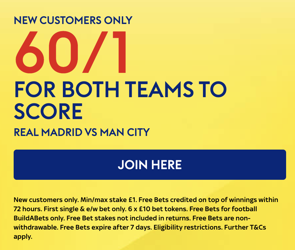 SkyBet: Real Madrid v Man City 60/1 both teams to score