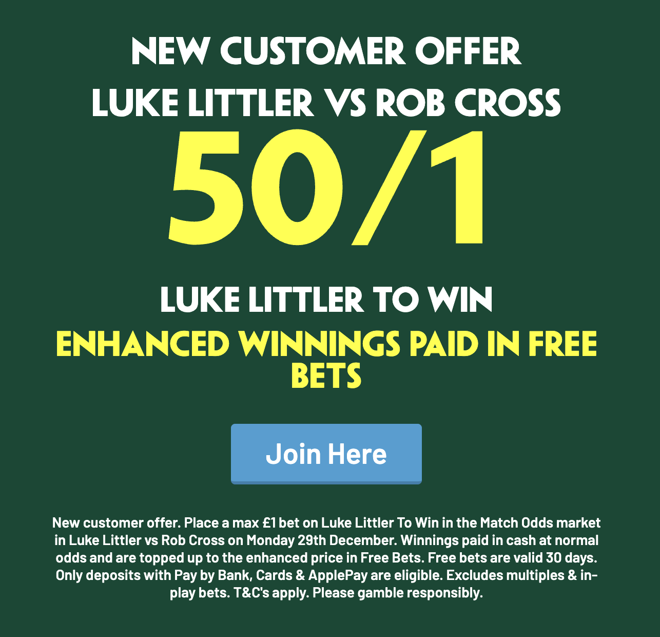 PaddyPower: LUKE LITTLER VS ROB CROSS - 50/1 Luke Littler to win