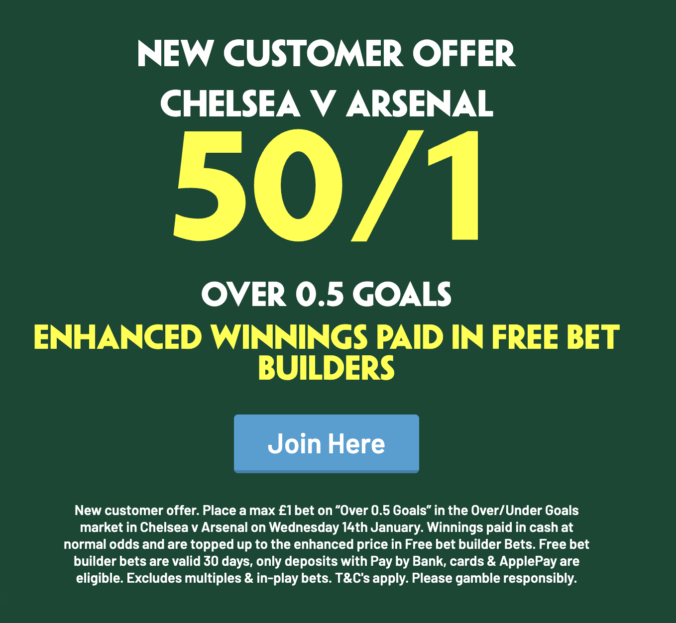 PaddyPower: CHELSEA V ARSENAL - 50/1 Over 0.5 Goals