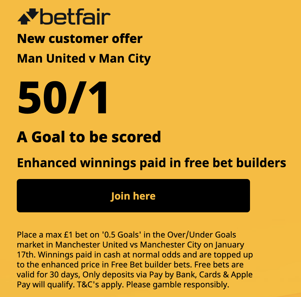 Betfair: Man United v Man City 50/1 A Goal to be scored 