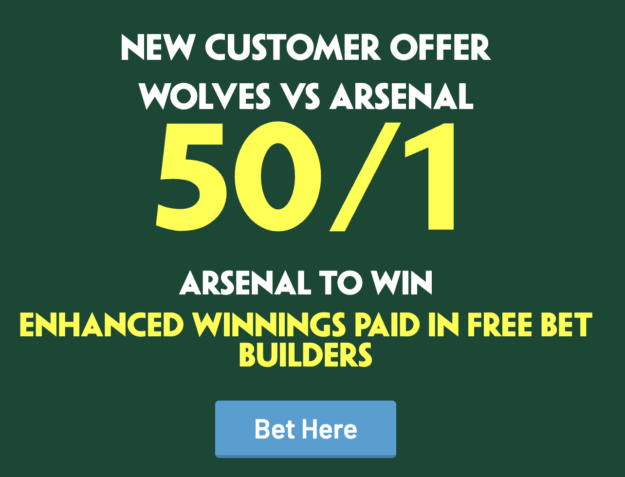 Arsenal to beat Wolves 50/1