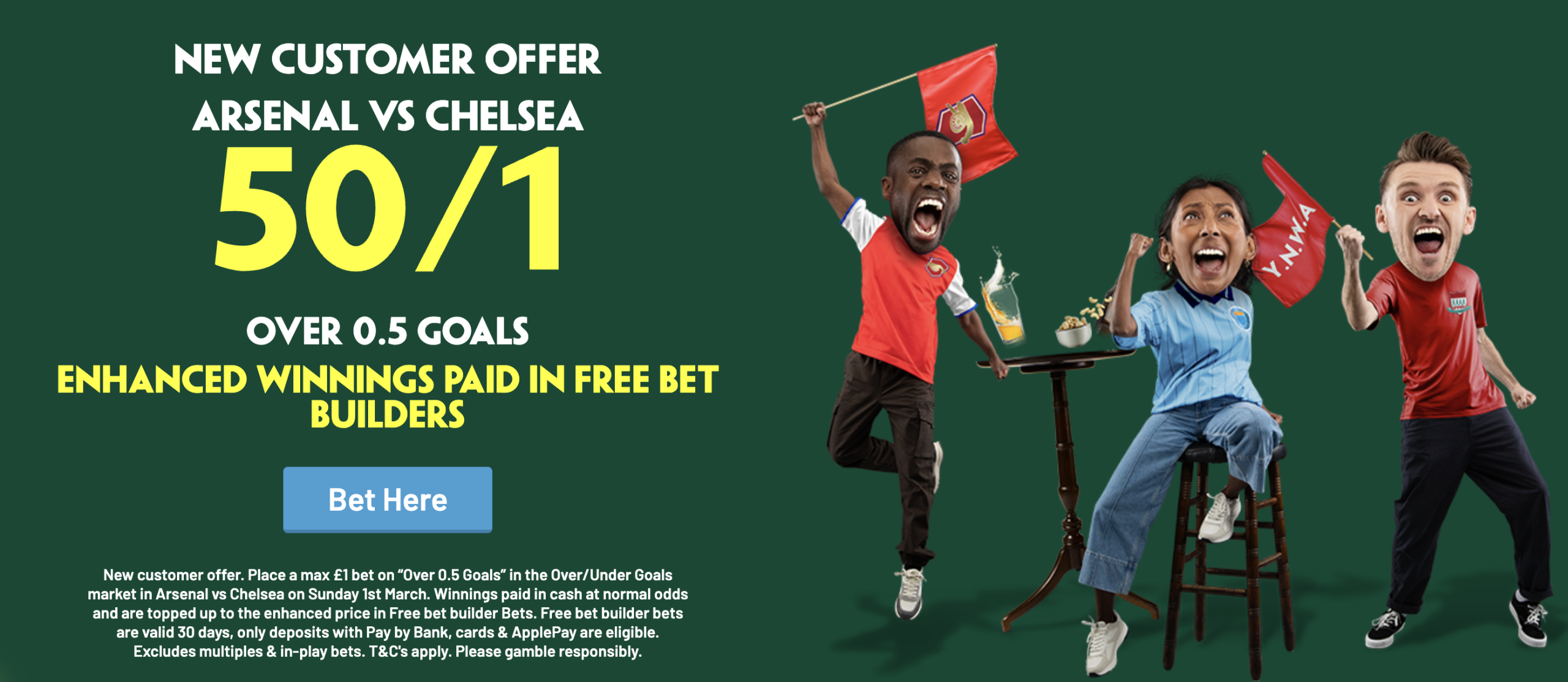  ARSENAL VS CHELSEA 50/1 OVER 0.5 GOALS