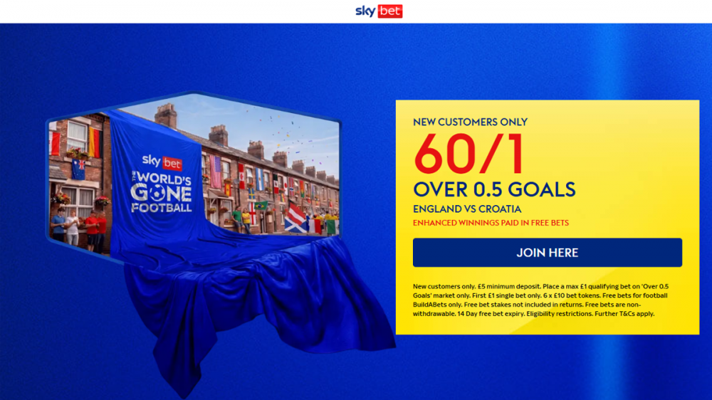 SKYBET - ENGLAND VS CROATIA OVER 0.5 GOALS – 60/1