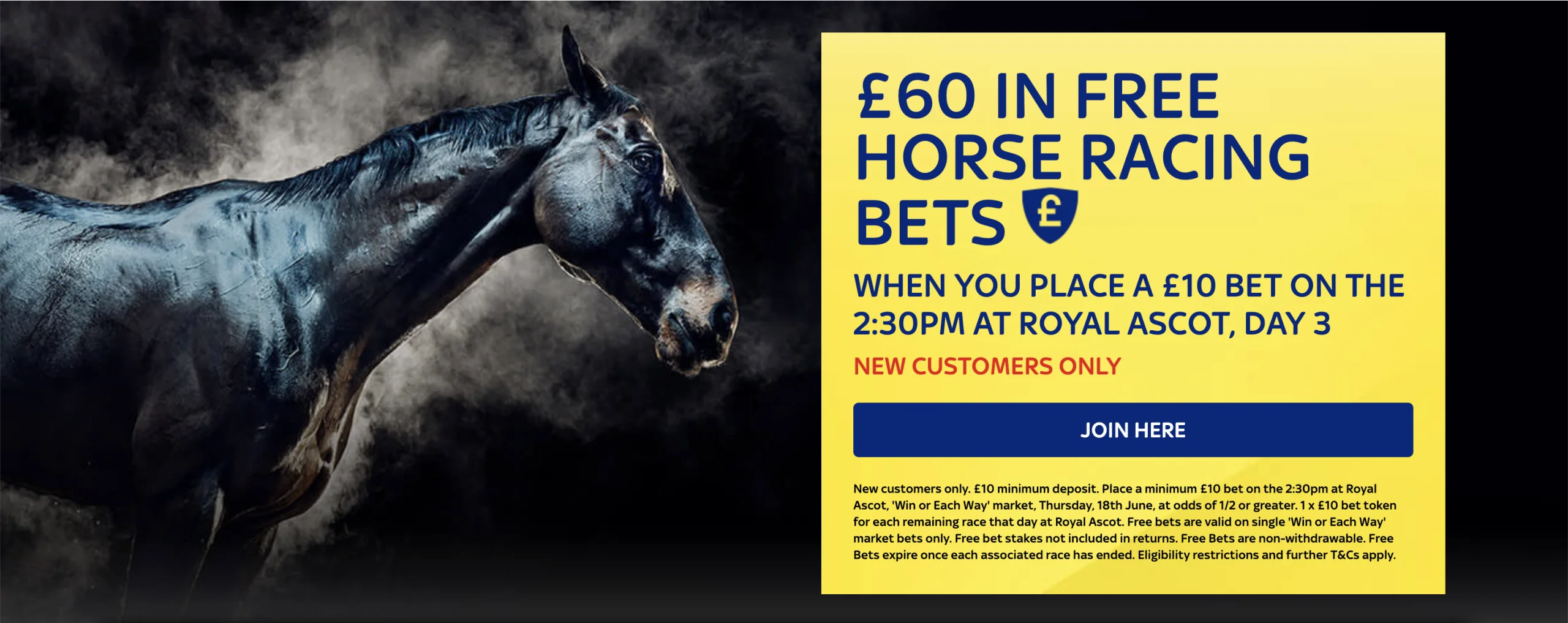 £60 in free bets when you place a £10 bet on Royal Ascot day 3